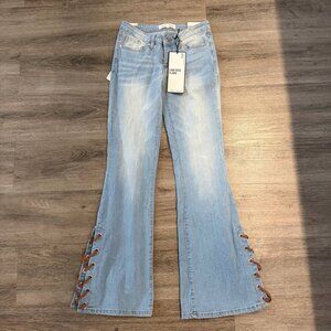 Almost Famous Low Rise Flare Jeans Size 3 Light Wash Lace Up New With Tags